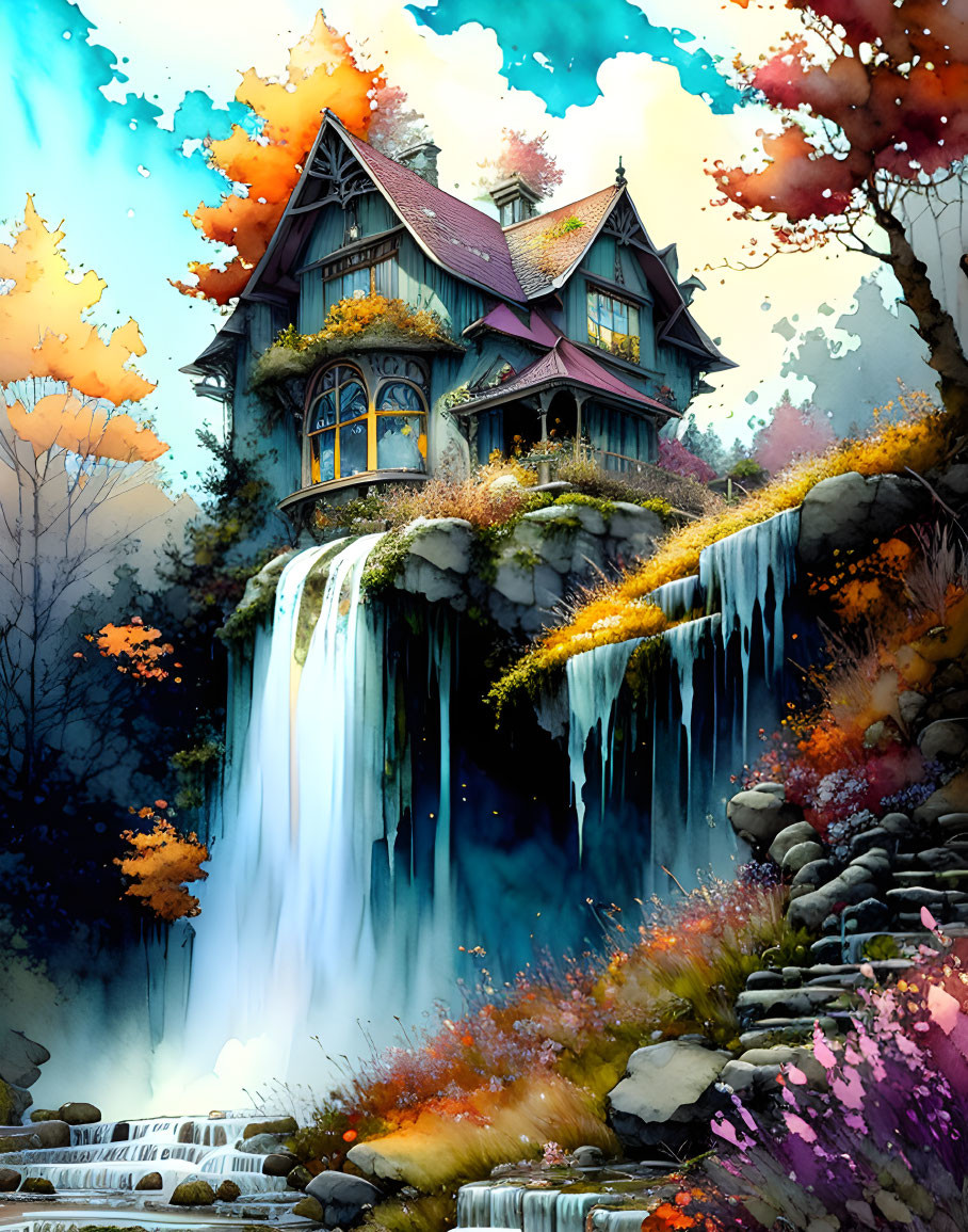 Autumn-themed house perched above waterfall and colorful trees.