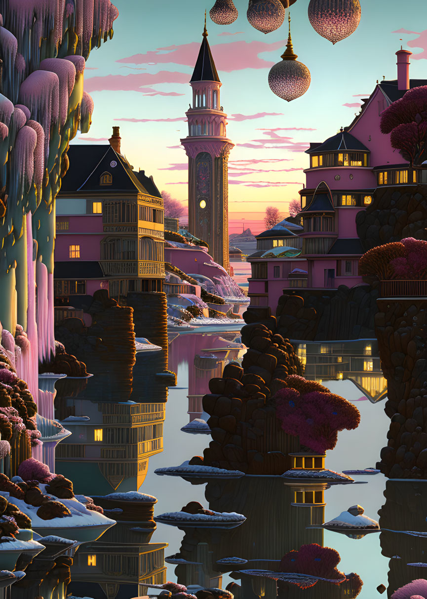 Whimsical clock tower in pink-hued landscape