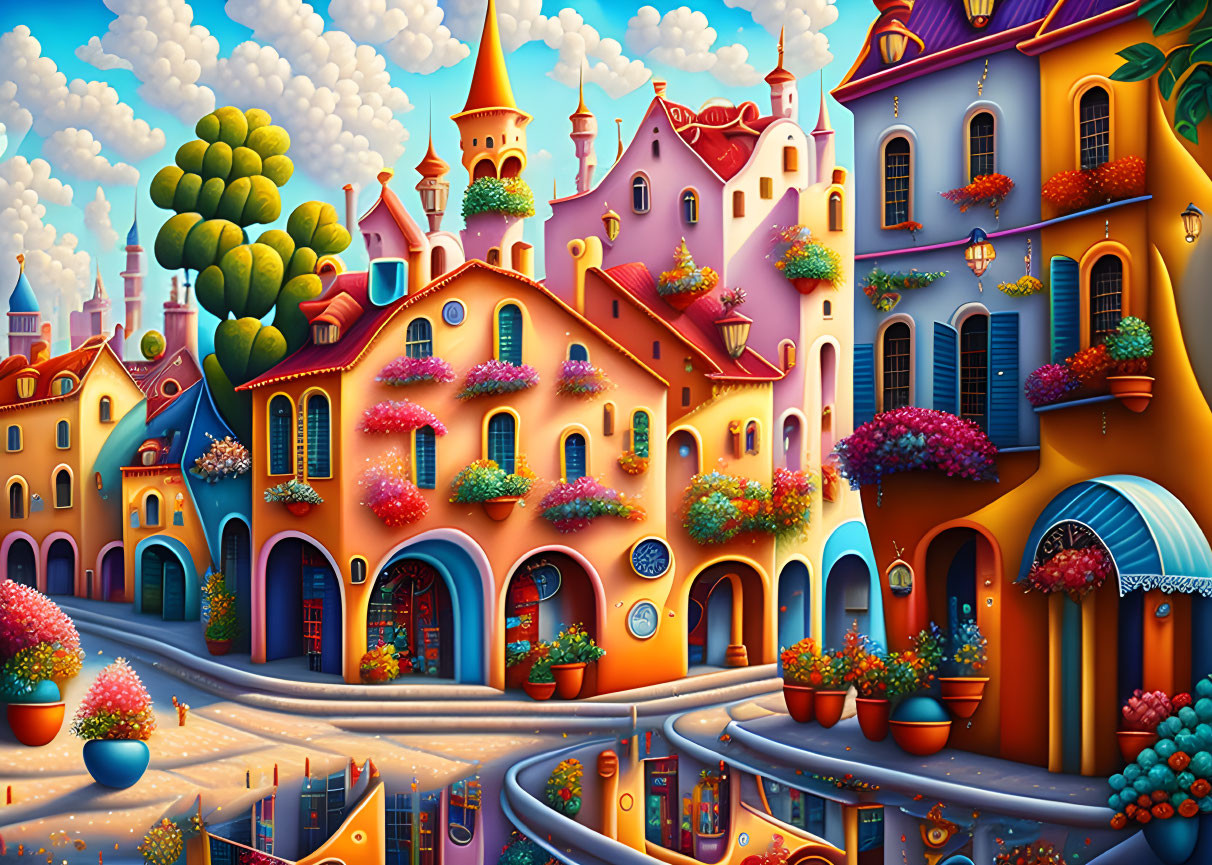 Vibrant village scene with colorful houses, castle, cobblestone streets, and blooming flowers