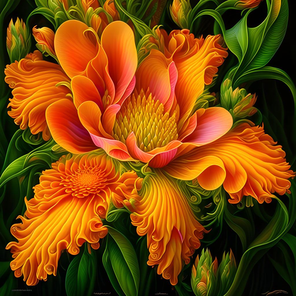 Detailed digital artwork of vibrant orange flower with intricate petals and lush green leaves