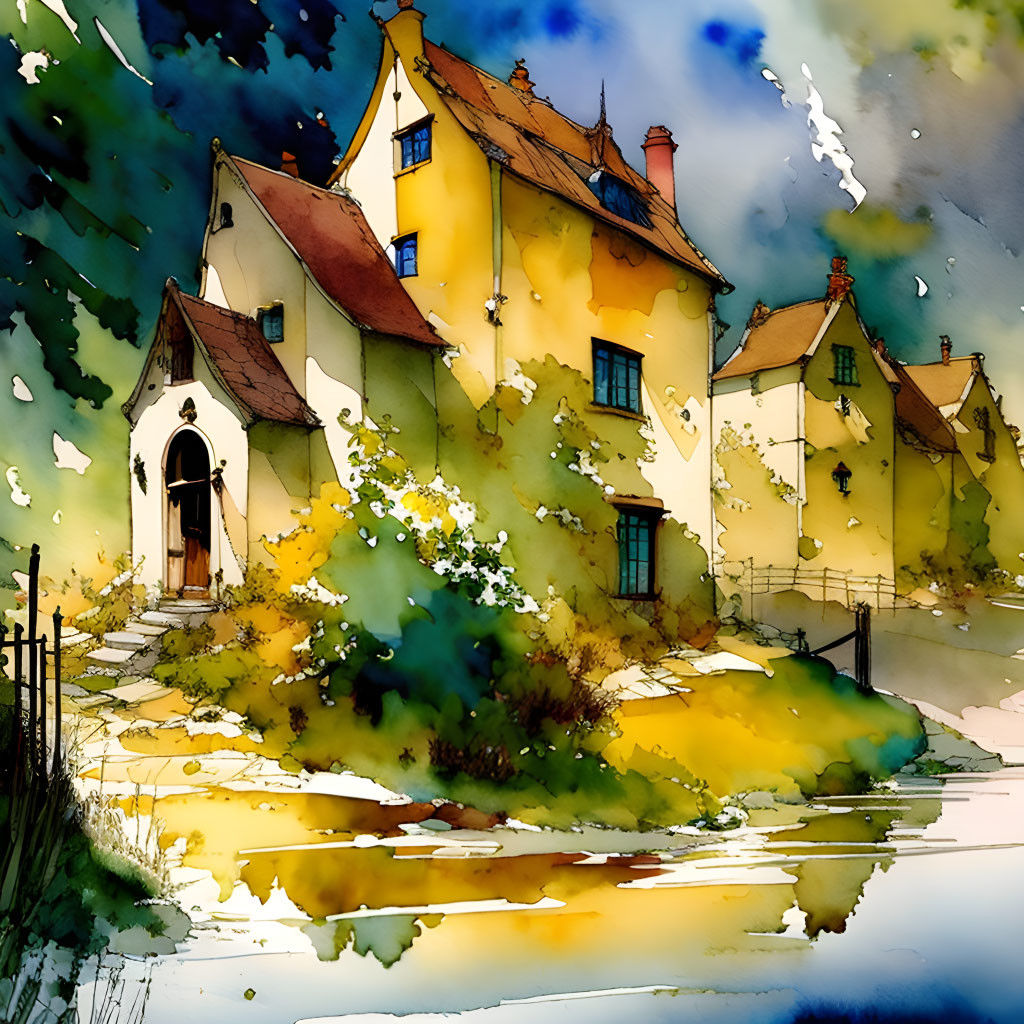 Charming watercolor illustration of colorful houses and lush greenery reflected in water