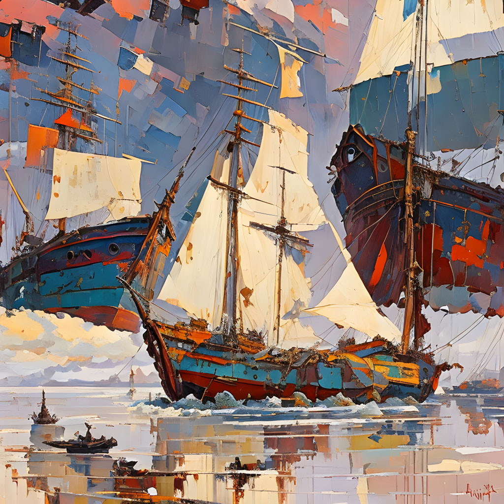 Vibrant oil painting of old sailing ships on calm sea.