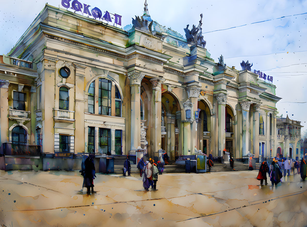 Vibrant historic train station facade with people and trams