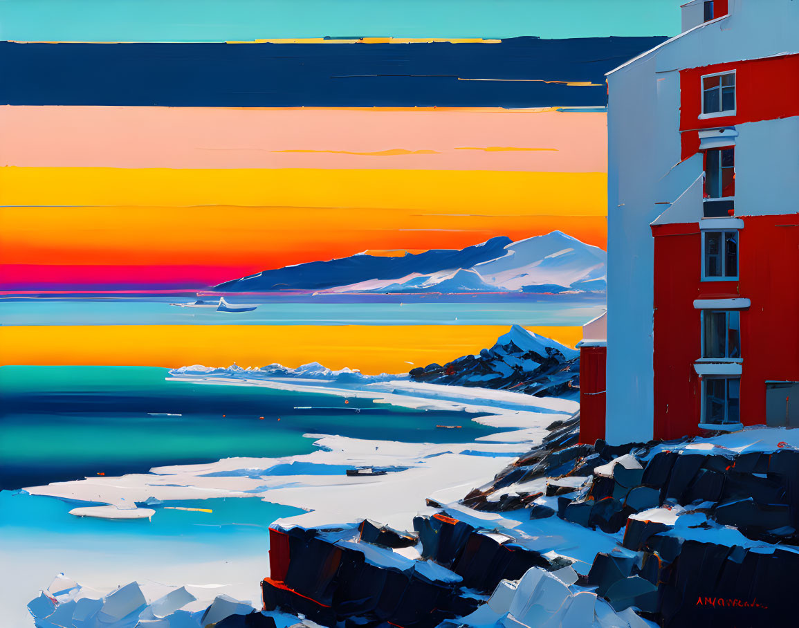 Vibrant digital painting: Arctic coastal scene with red building, icebergs, mountains