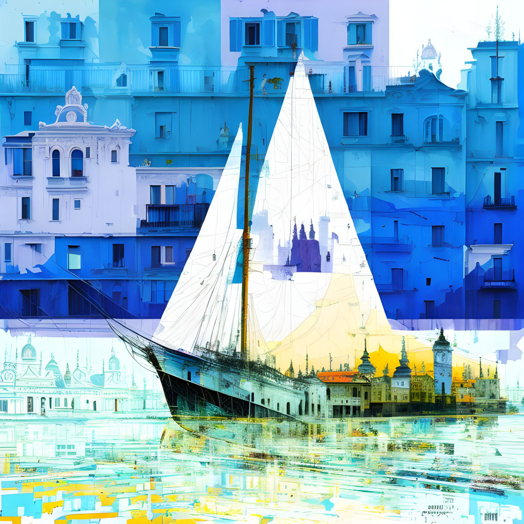 Sailboat with white sails on water against abstract blue and white buildings