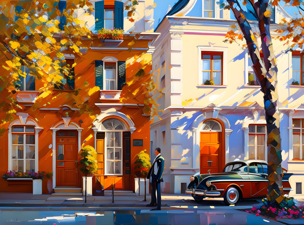 Colorful Foliage, Vintage Car, Person in Suit, European-style Buildings