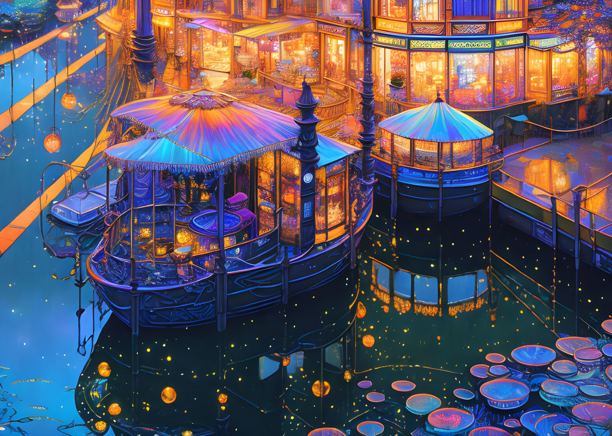 Vibrant illuminated floating market with detailed stalls and glowing lanterns