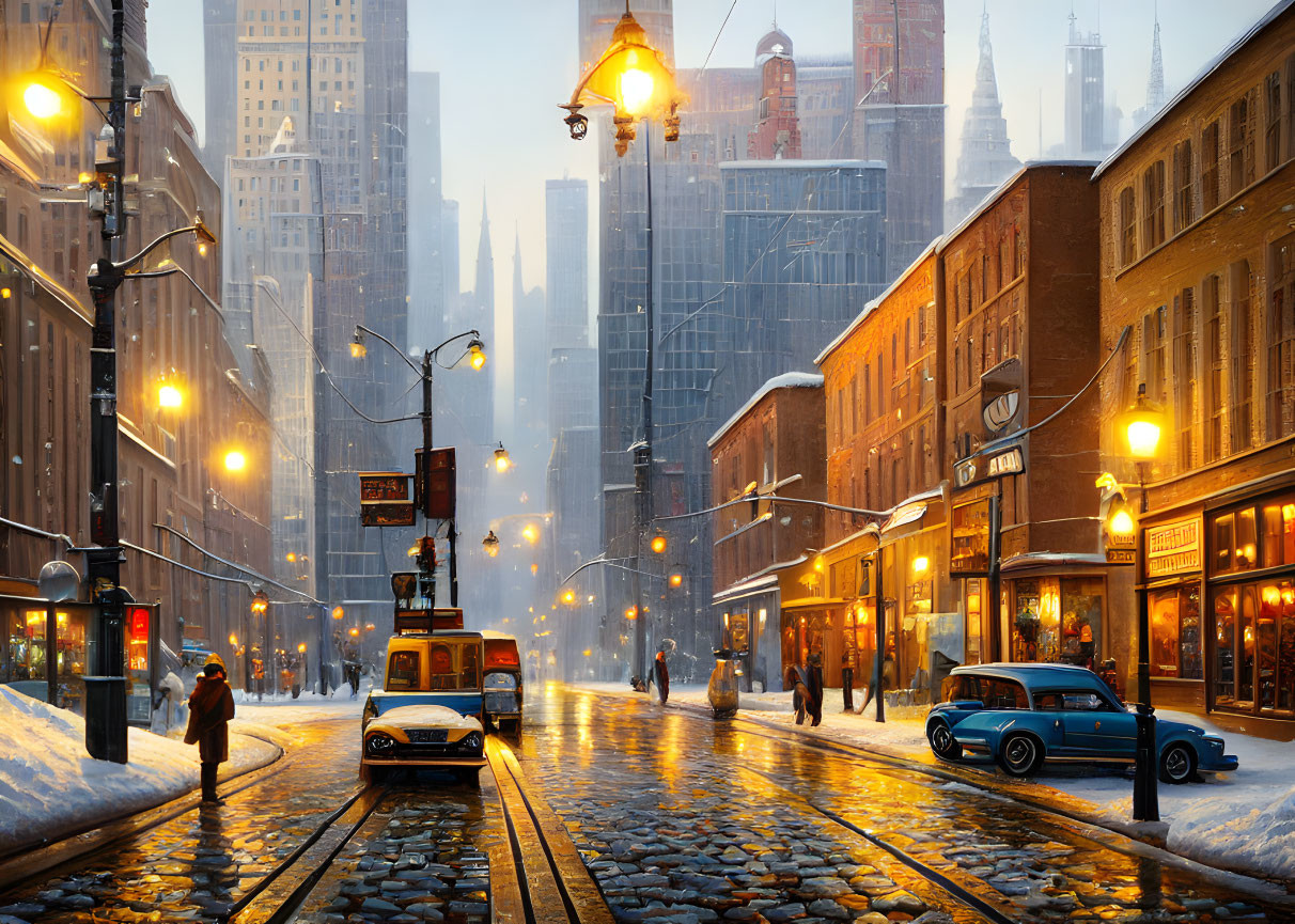 Snowy city scene at dusk with warm street lights, vintage cars, and tram tracks