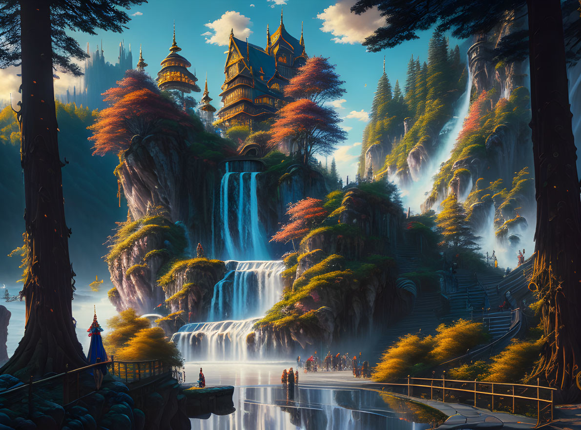 Majestic fantasy landscape with waterfall, castle, and autumn trees