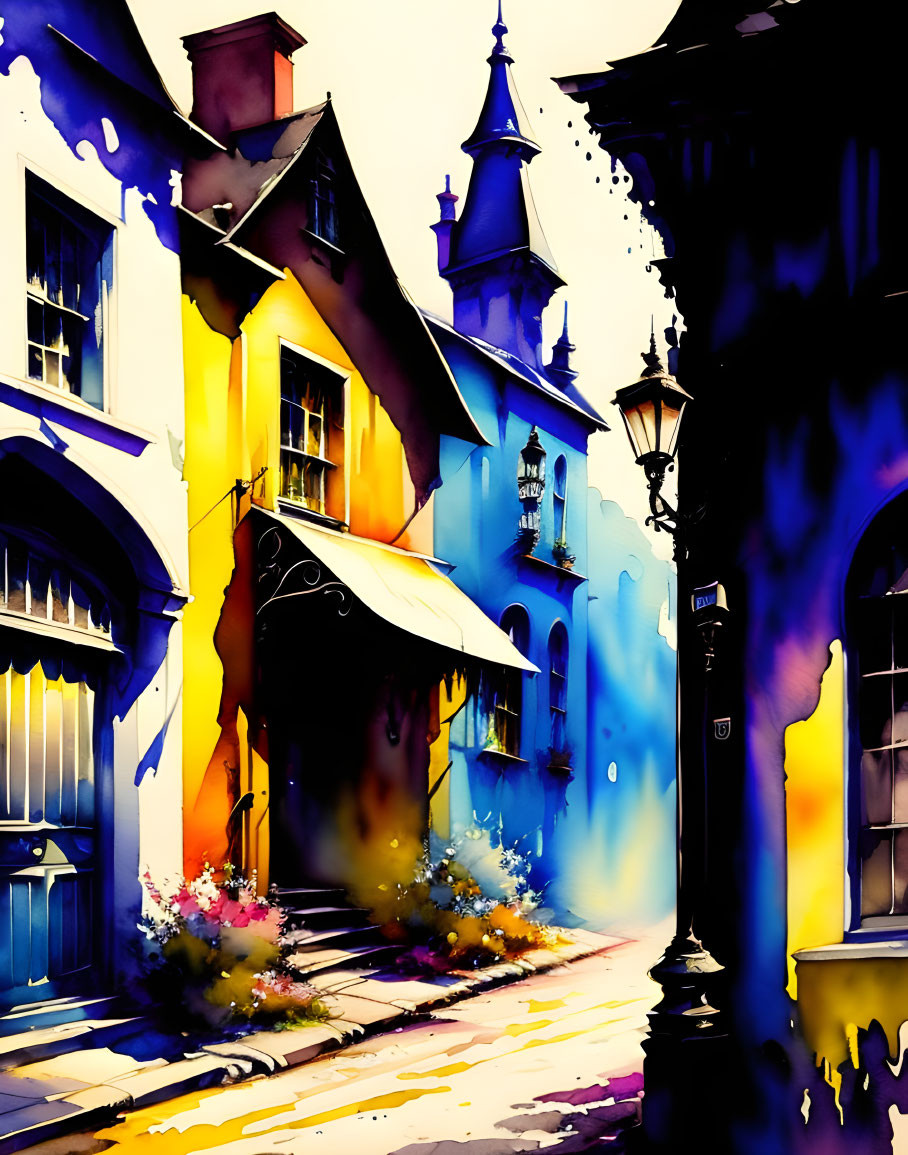 Colorful Watercolor Painting of Whimsical Street