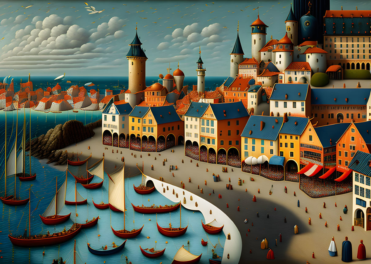 Illustration of coastal medieval town with market squares, ornate buildings, and ships under cloudy sky