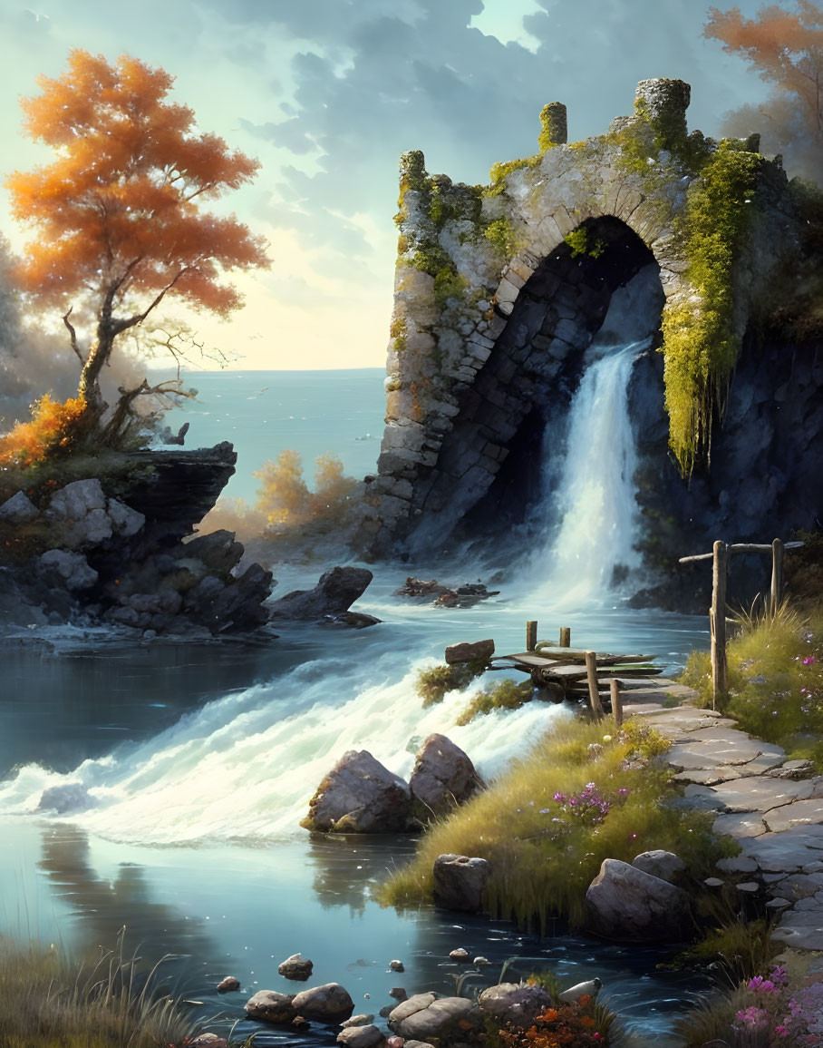 Tranquil landscape: waterfall flowing through stone arch ruin into river