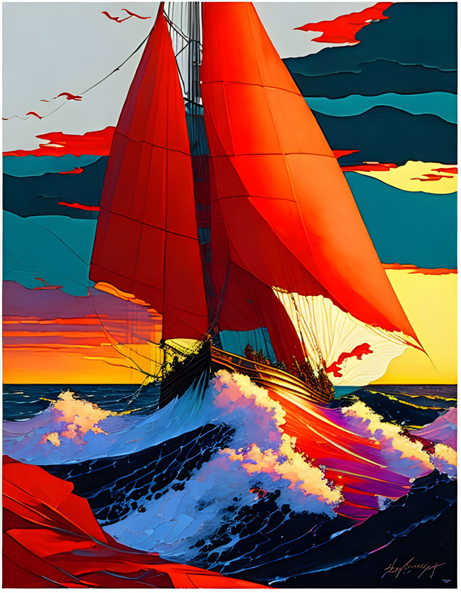 Colorful sunset seascape illustration with sailing boat and red sails