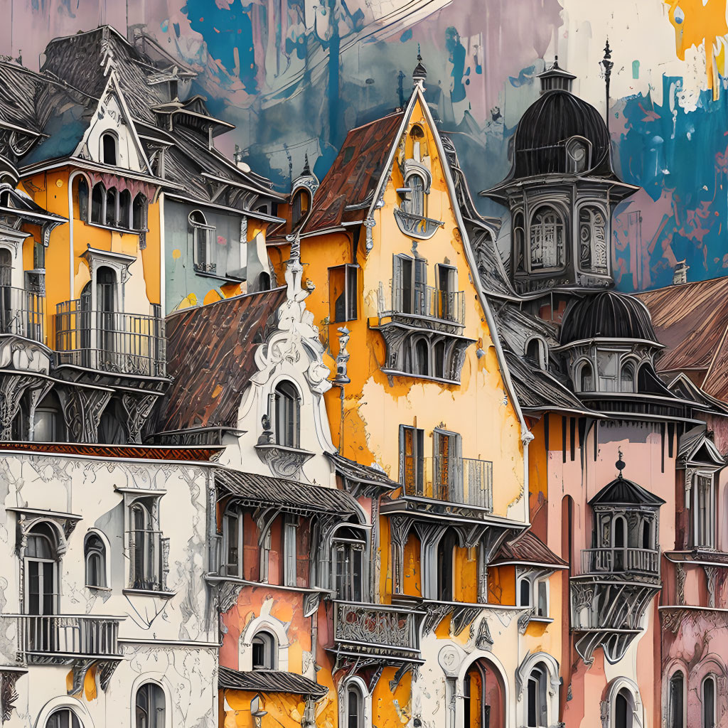 Colorful European-style buildings collage with mountain backdrop