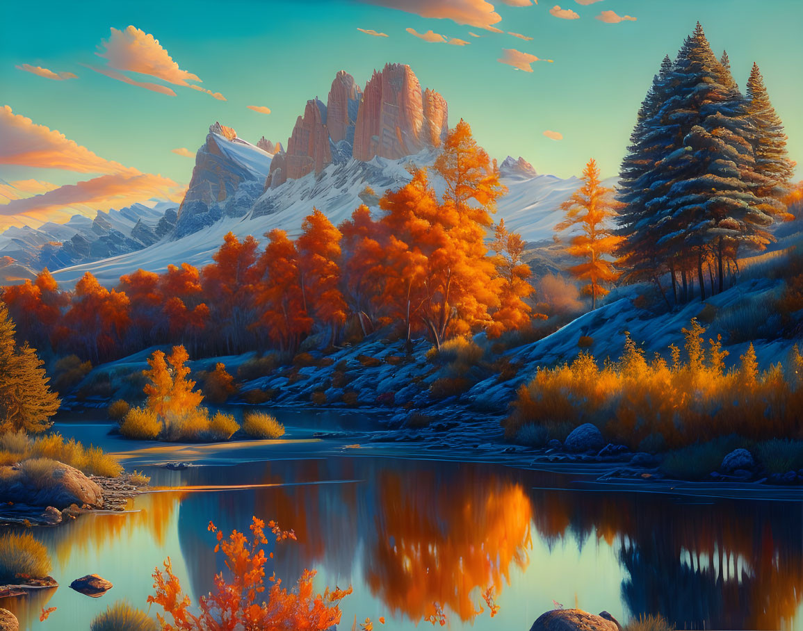 Fiery orange trees reflected in tranquil lake with snow-capped mountains