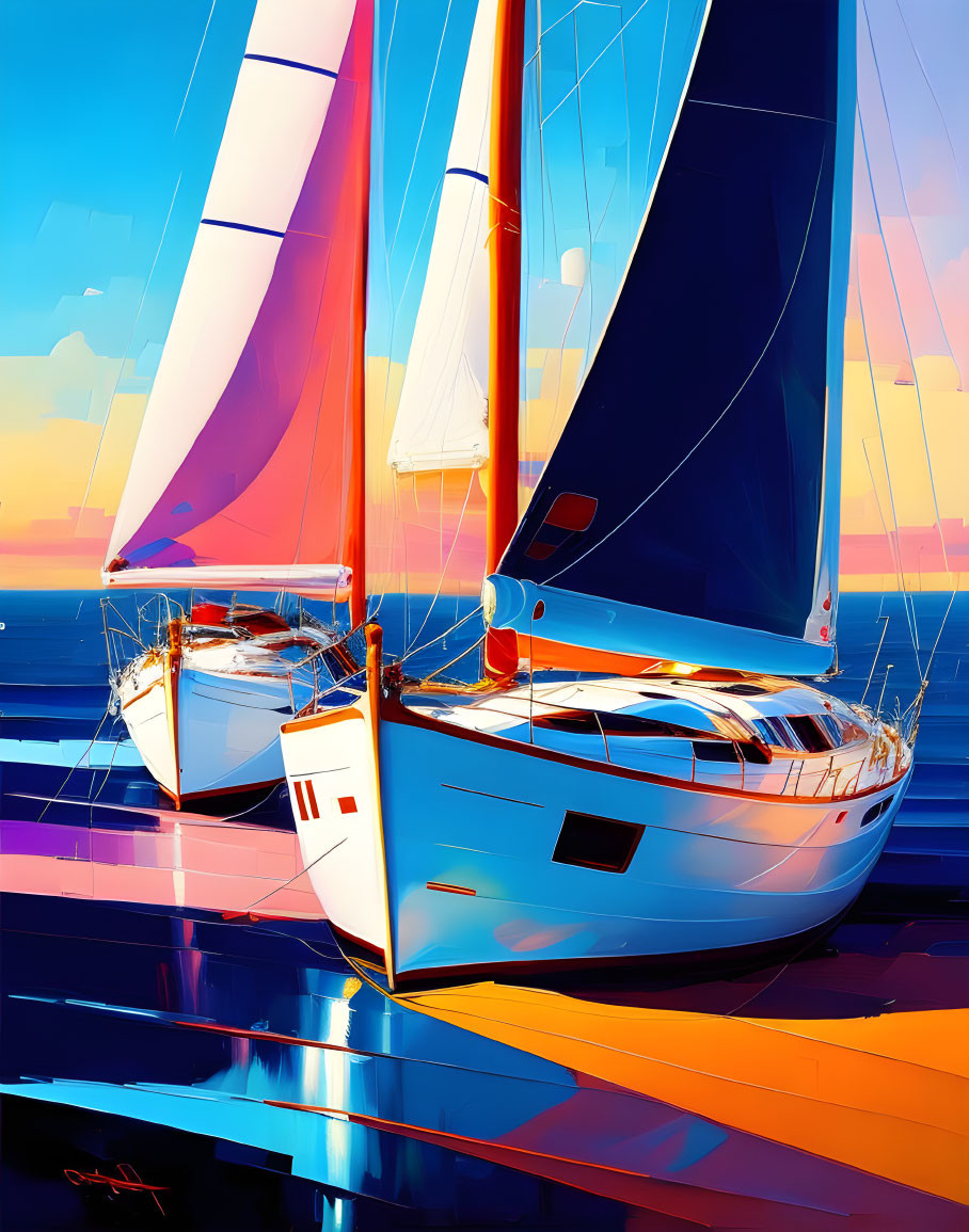 Colorful digital artwork featuring two sailing boats on reflective water under a warm sunset.