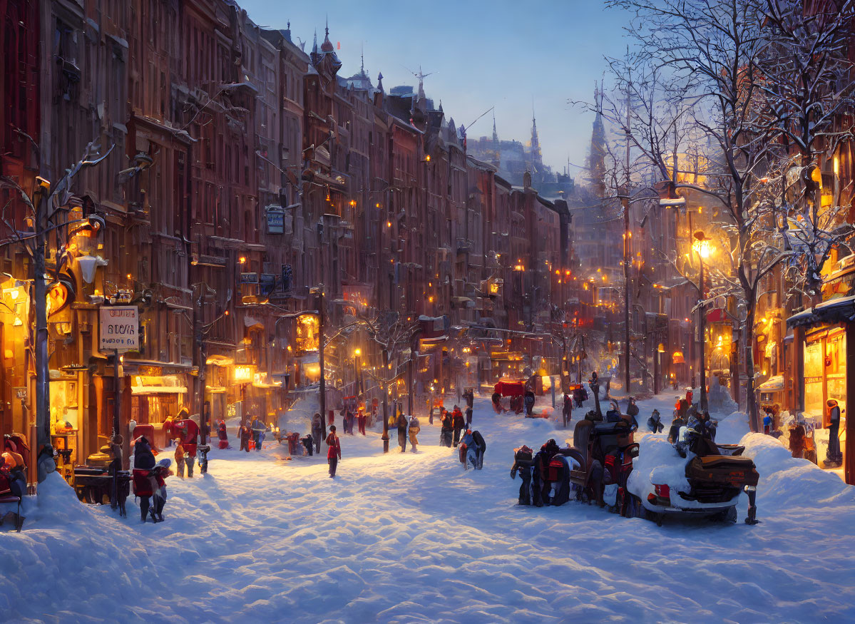 Snowy city street at night with glowing streetlights and historic buildings