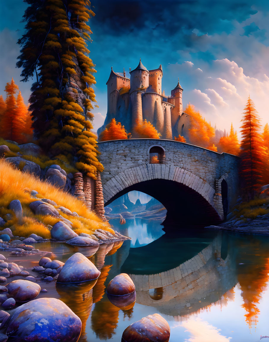 Fantasy landscape with enchanting castle, stone bridge, autumn trees.