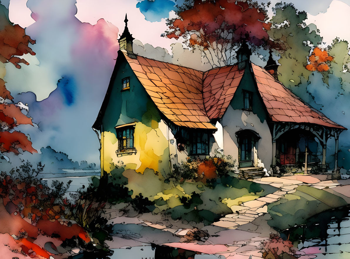 Vibrant autumn cottage illustration by calm lake