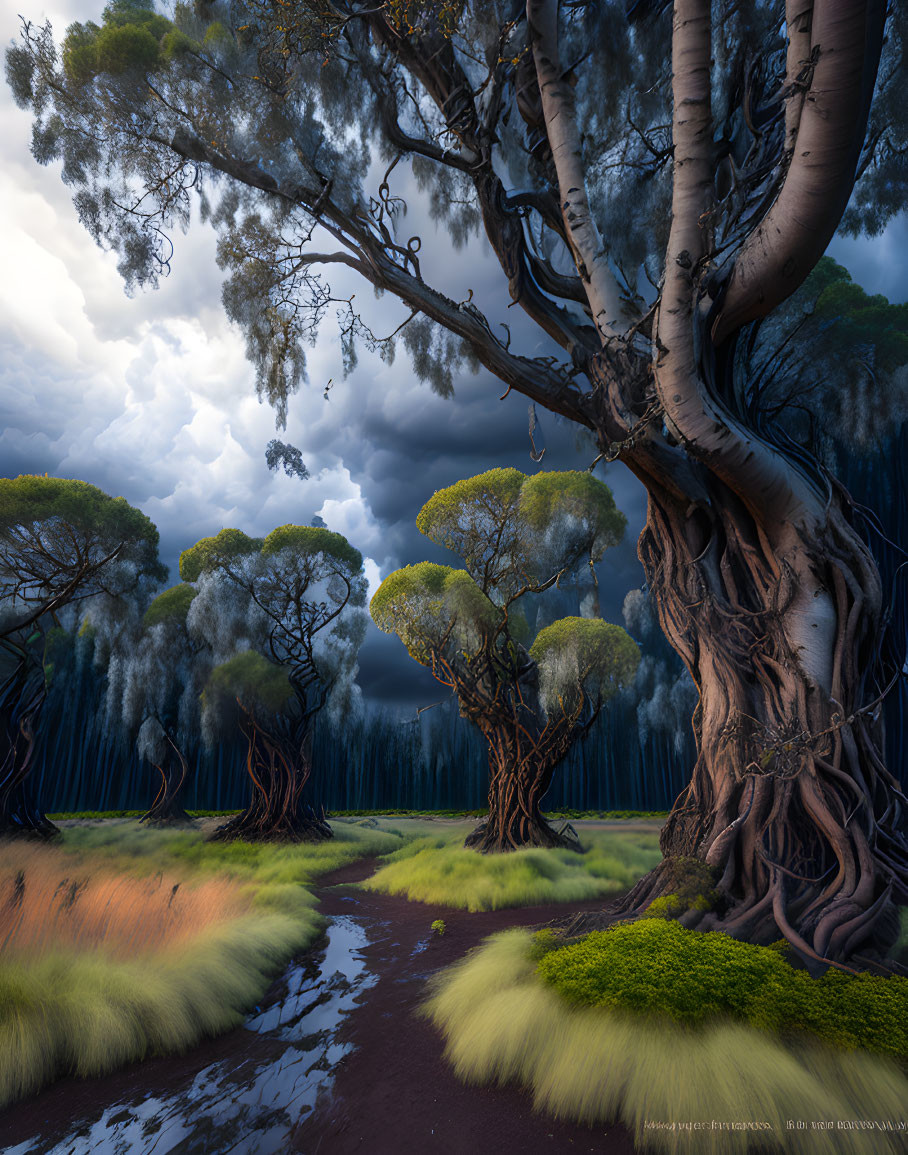 Mystical forest scene with towering twisted trees and winding path