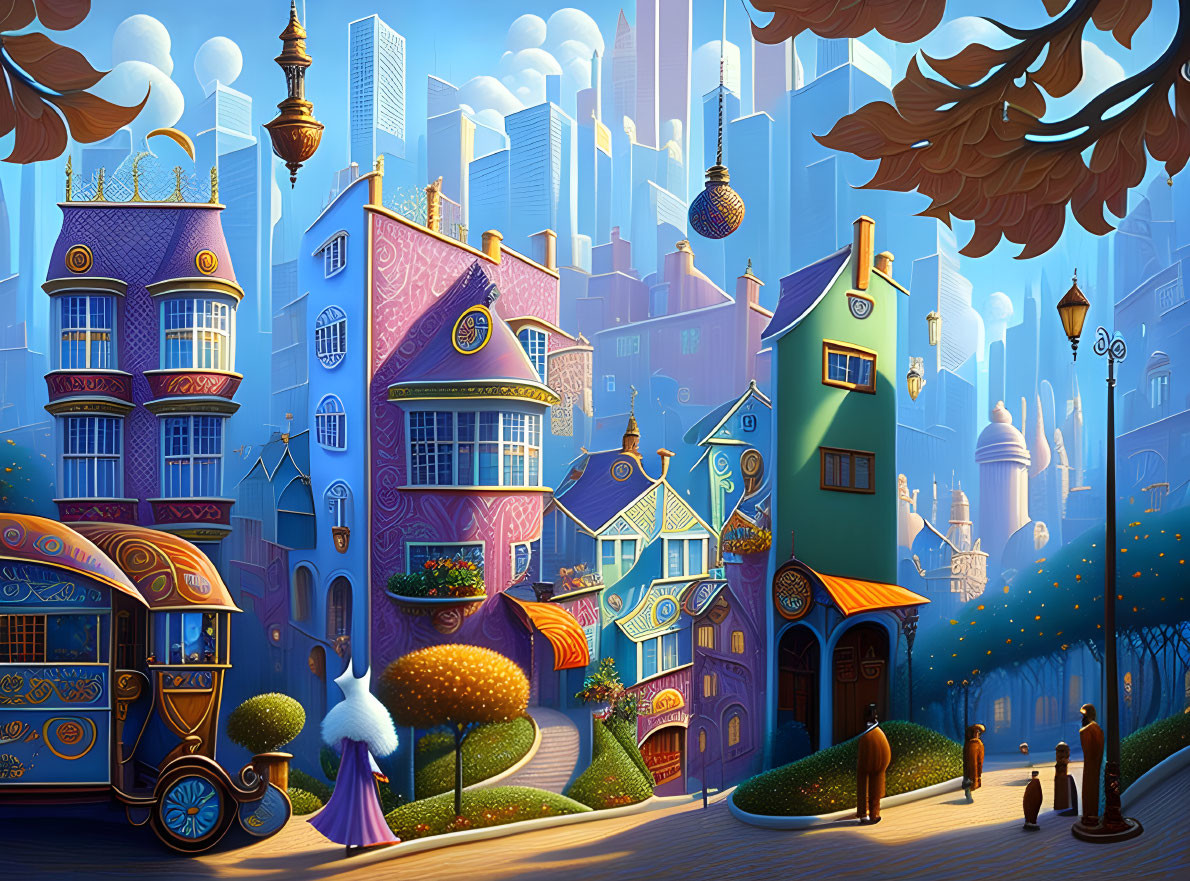 Colorful City Street with Figure in Cape & Futuristic Skyscrapers under Twilight Sky