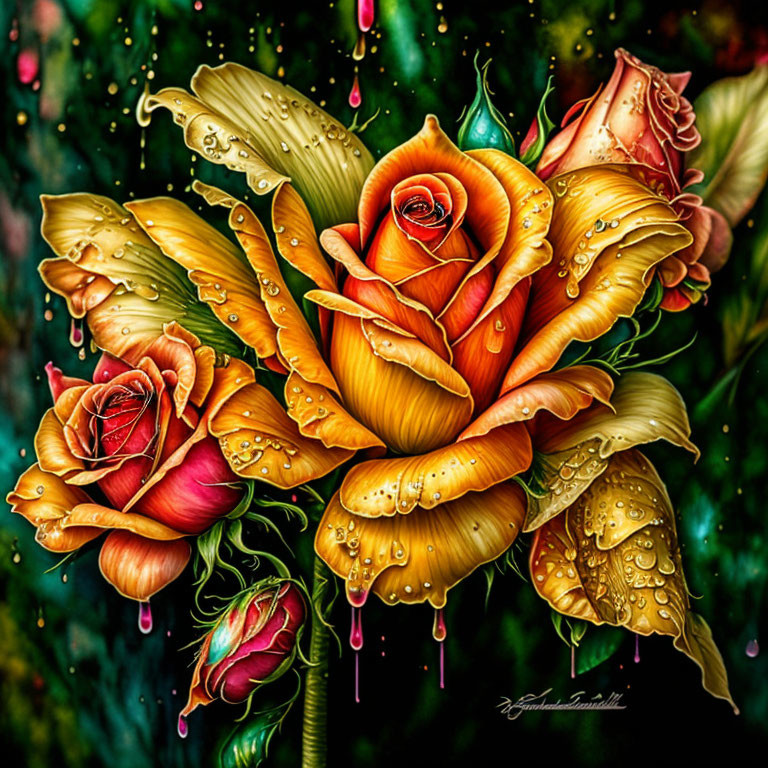 Colorful Digital Painting: Dewy Roses in Yellow, Orange, and Red