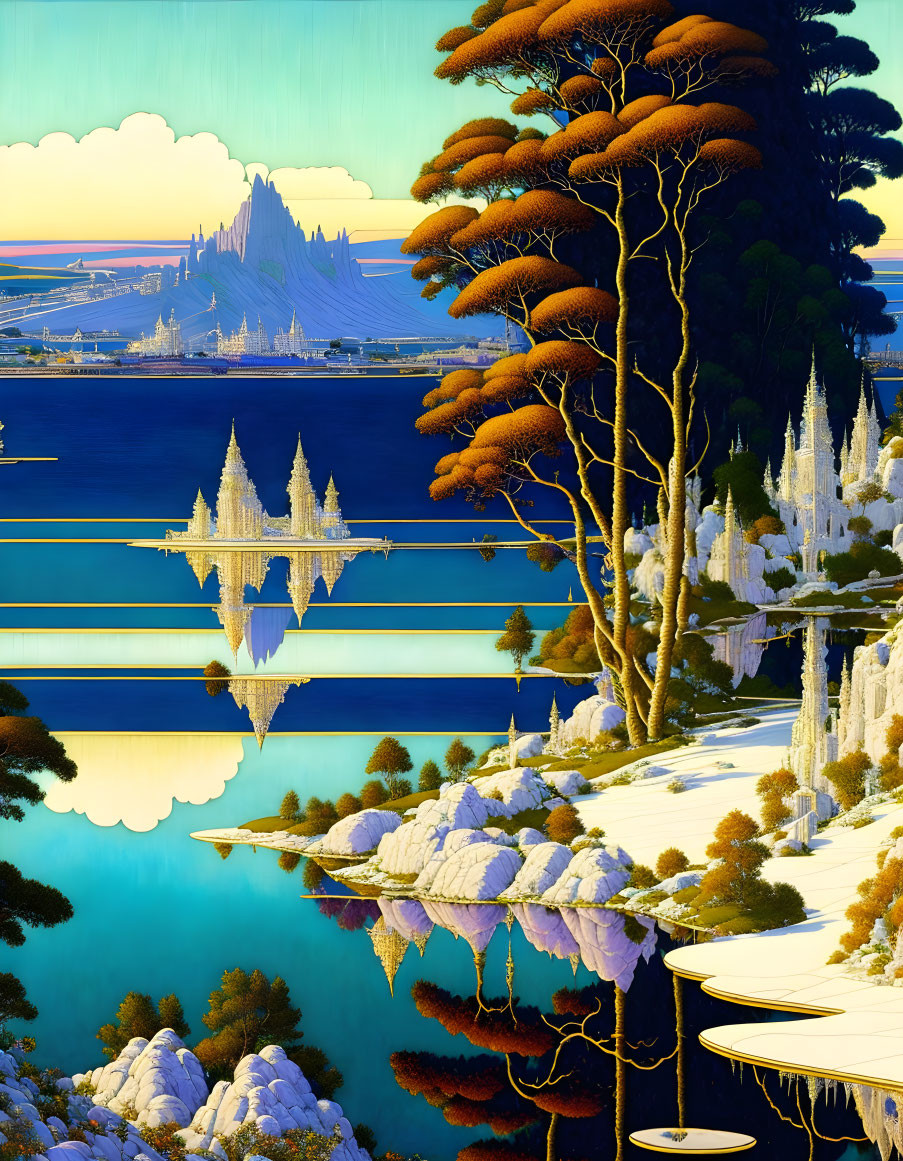 Surrealist landscape with water, foliage, structures, and blue sky