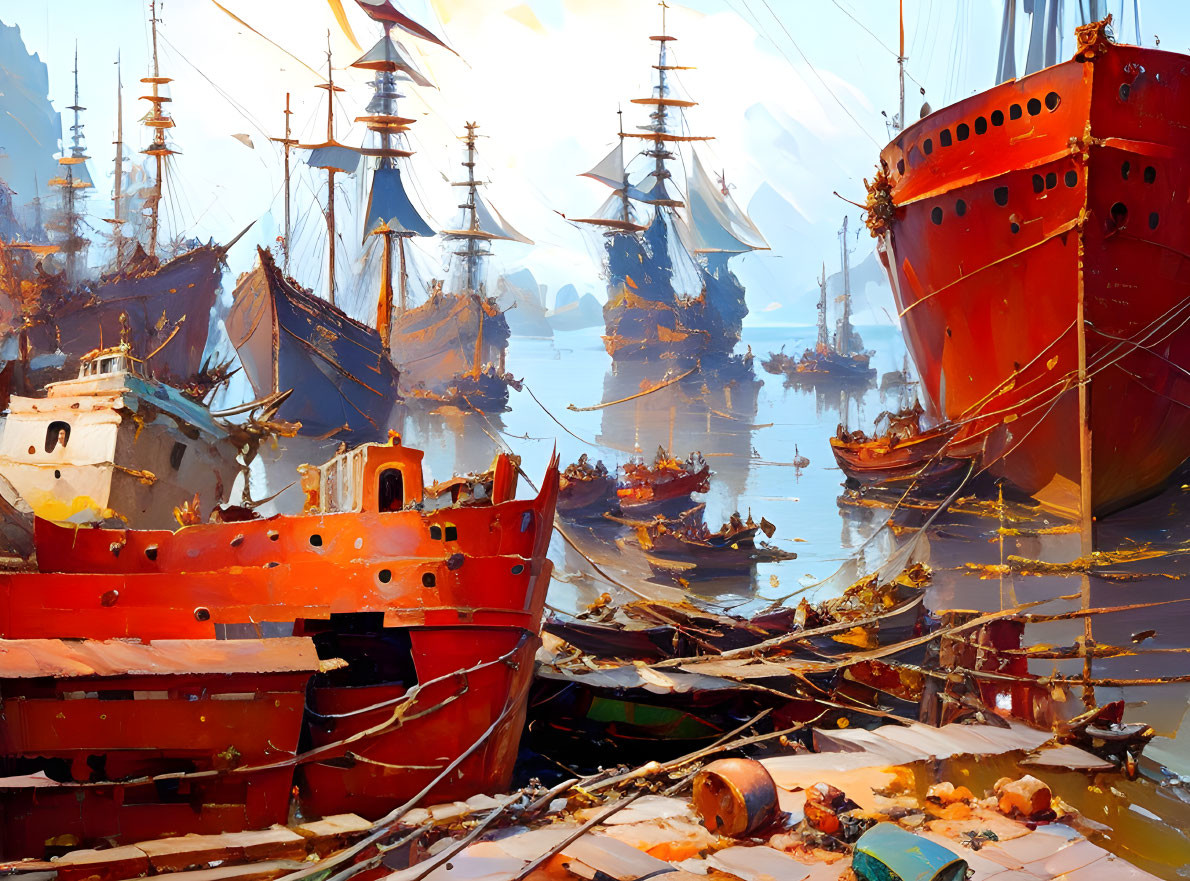 Harbor scene with ships, boats, and hazy sky at dawn or dusk