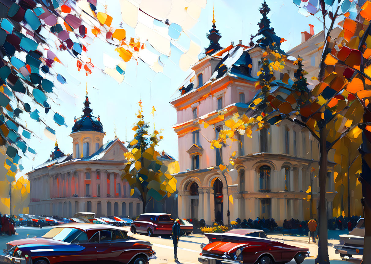 Vibrant street scene with vintage cars, elegant buildings, and autumn trees under sunny sky