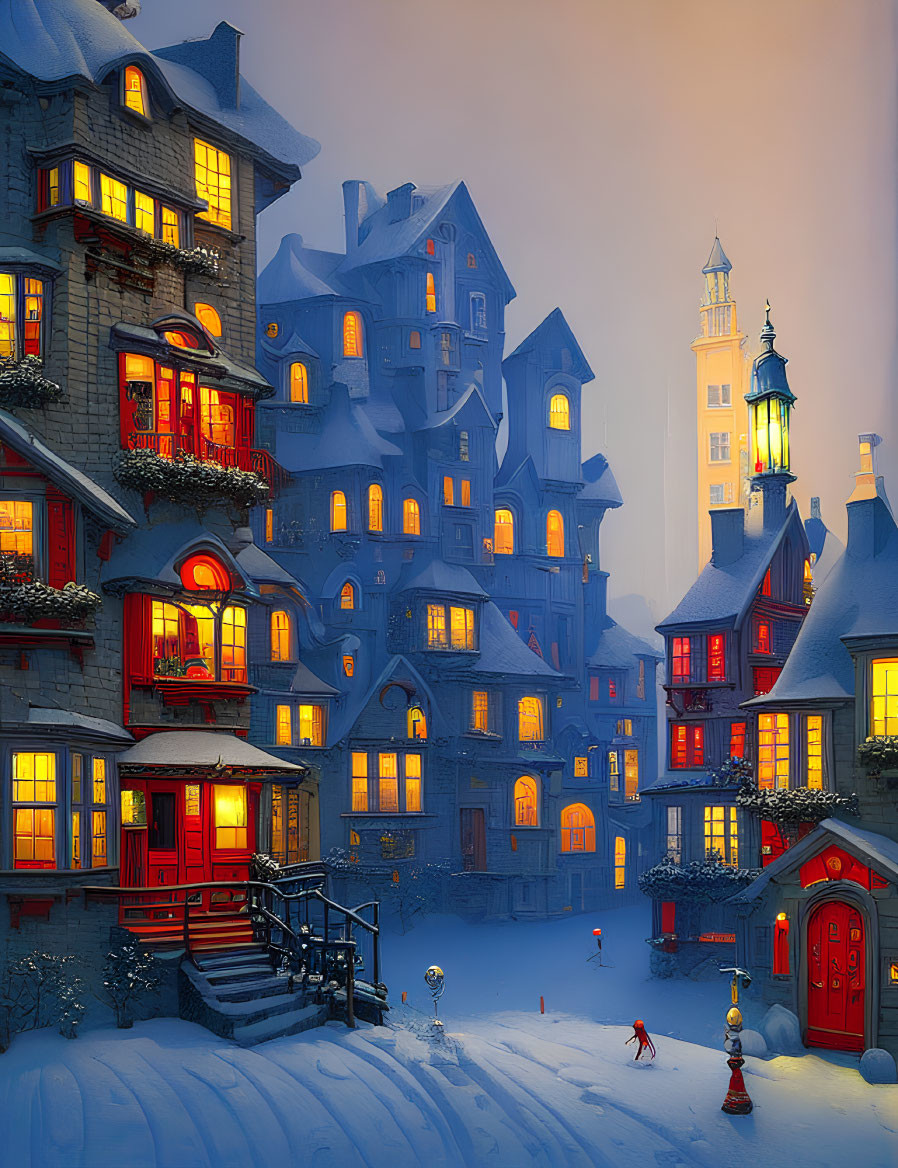 Snow-covered European-style buildings at dusk in cozy winter village ambiance