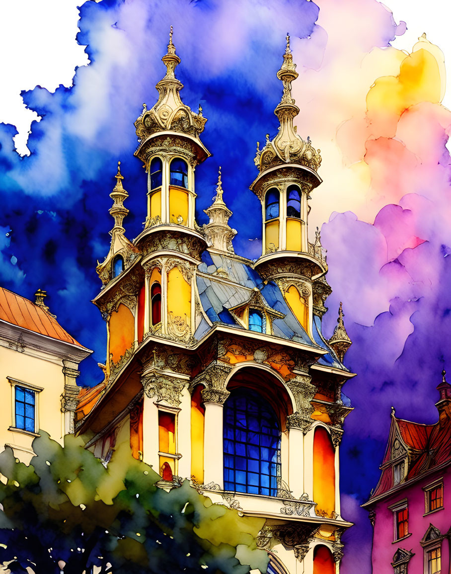 Baroque-style building with twin spires in vibrant illustration