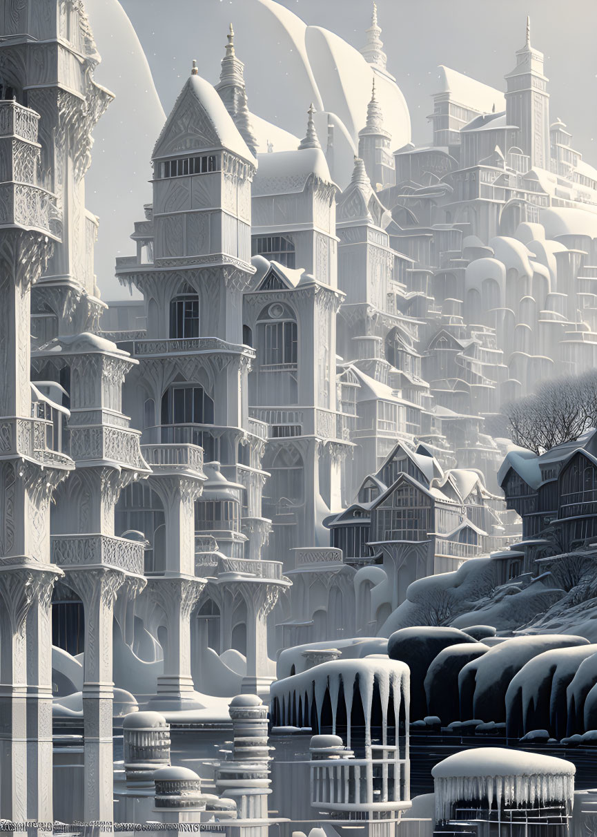 Detailed Monochromatic Cityscape Illustration with Elaborate Architecture in Snowy Setting