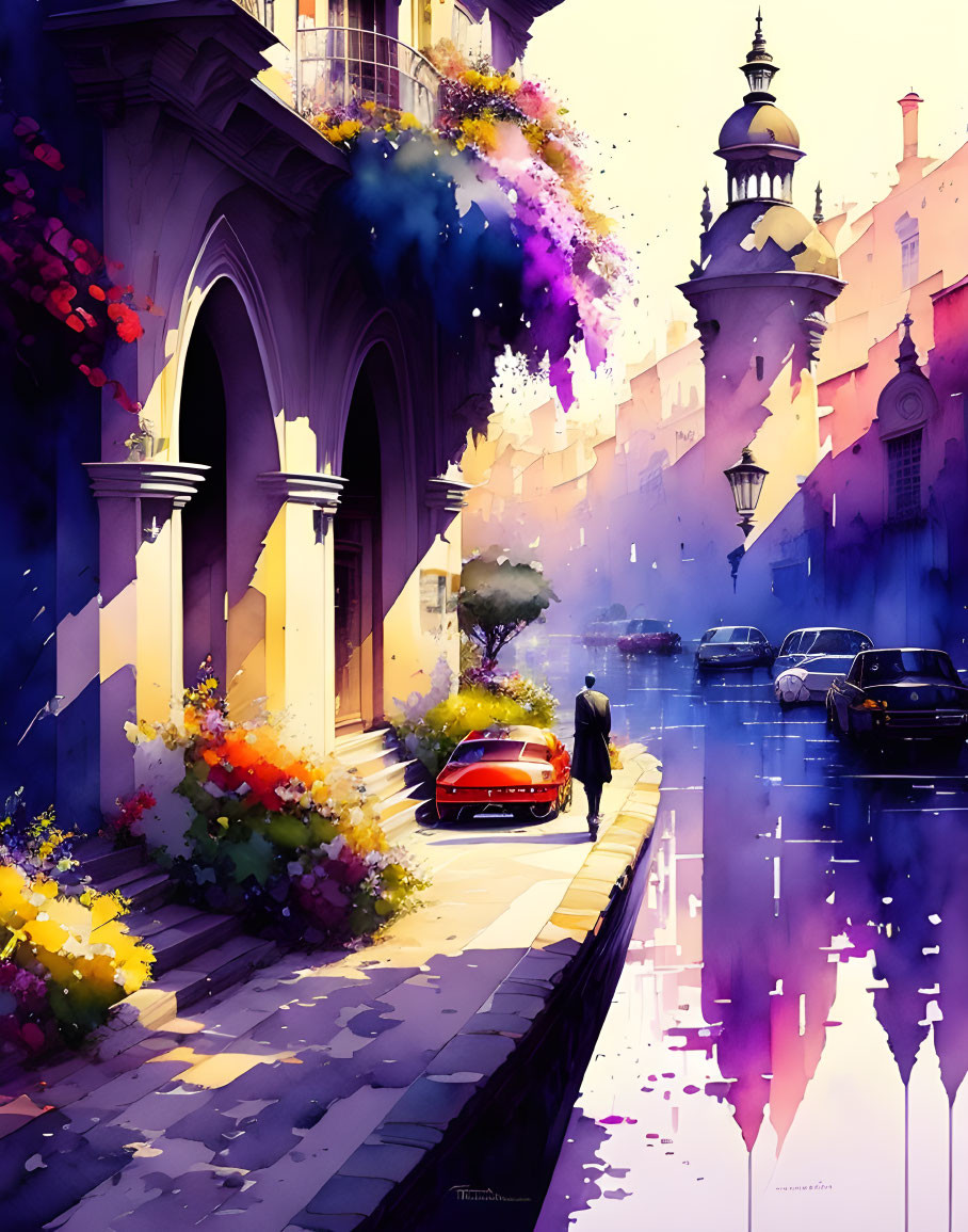 Colorful street scene with flowers, red car, classical architecture, and wet cobblestone road.