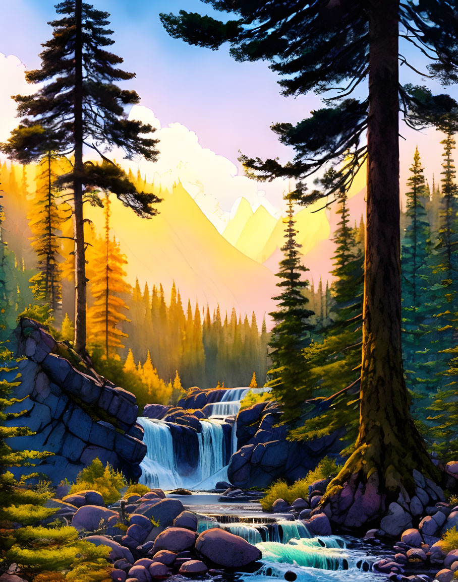 Scenic waterfall in forested landscape at sunset