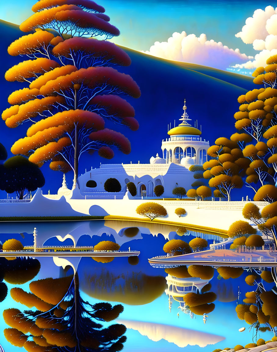 Surreal illustration of white building among orange trees and reflection