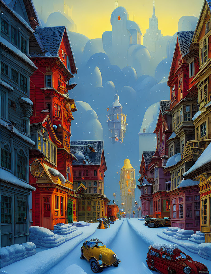 Colorful Buildings and Vintage Cars in Snowy Cityscape at Dusk