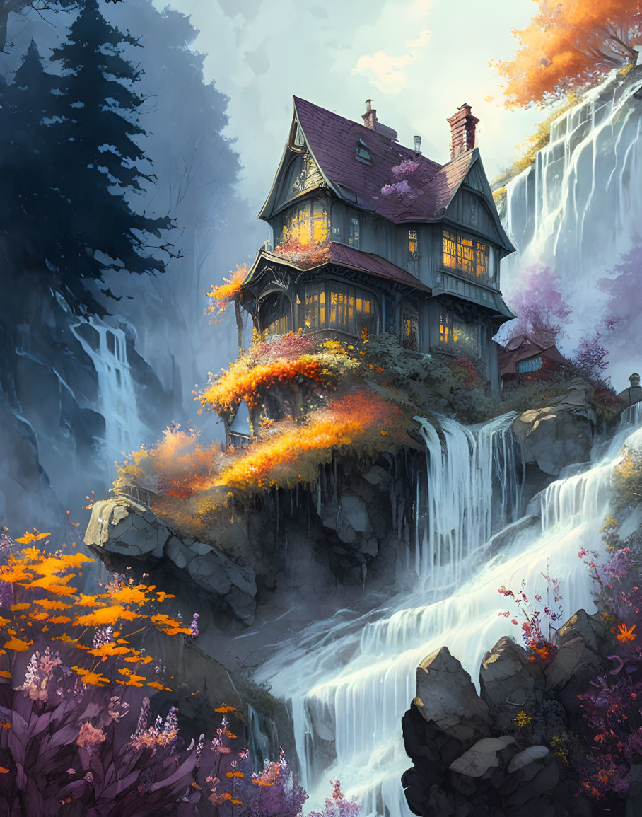 Cliffside house with waterfalls, autumn trees, and warm light