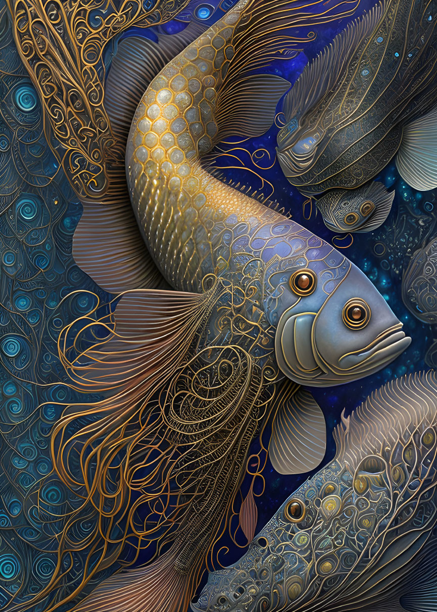 Stylized ornamental fish in gold and blue tones on dark blue background