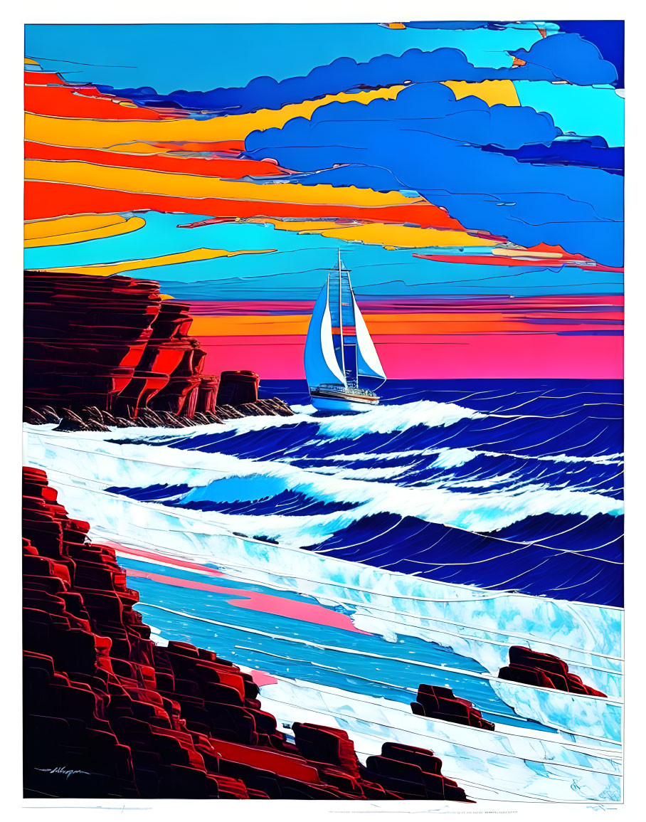 Vibrant sailboat seascape with colorful cliffs & sky