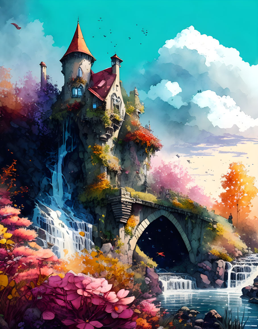 Whimsical castle atop waterfall with colorful foliage