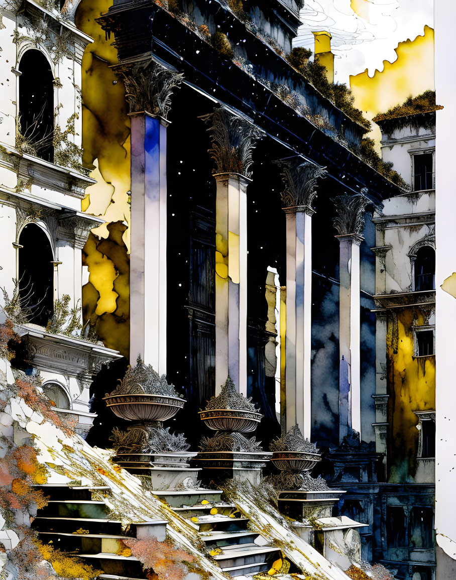 Deteriorating classical building with columns and stairs in watercolor style