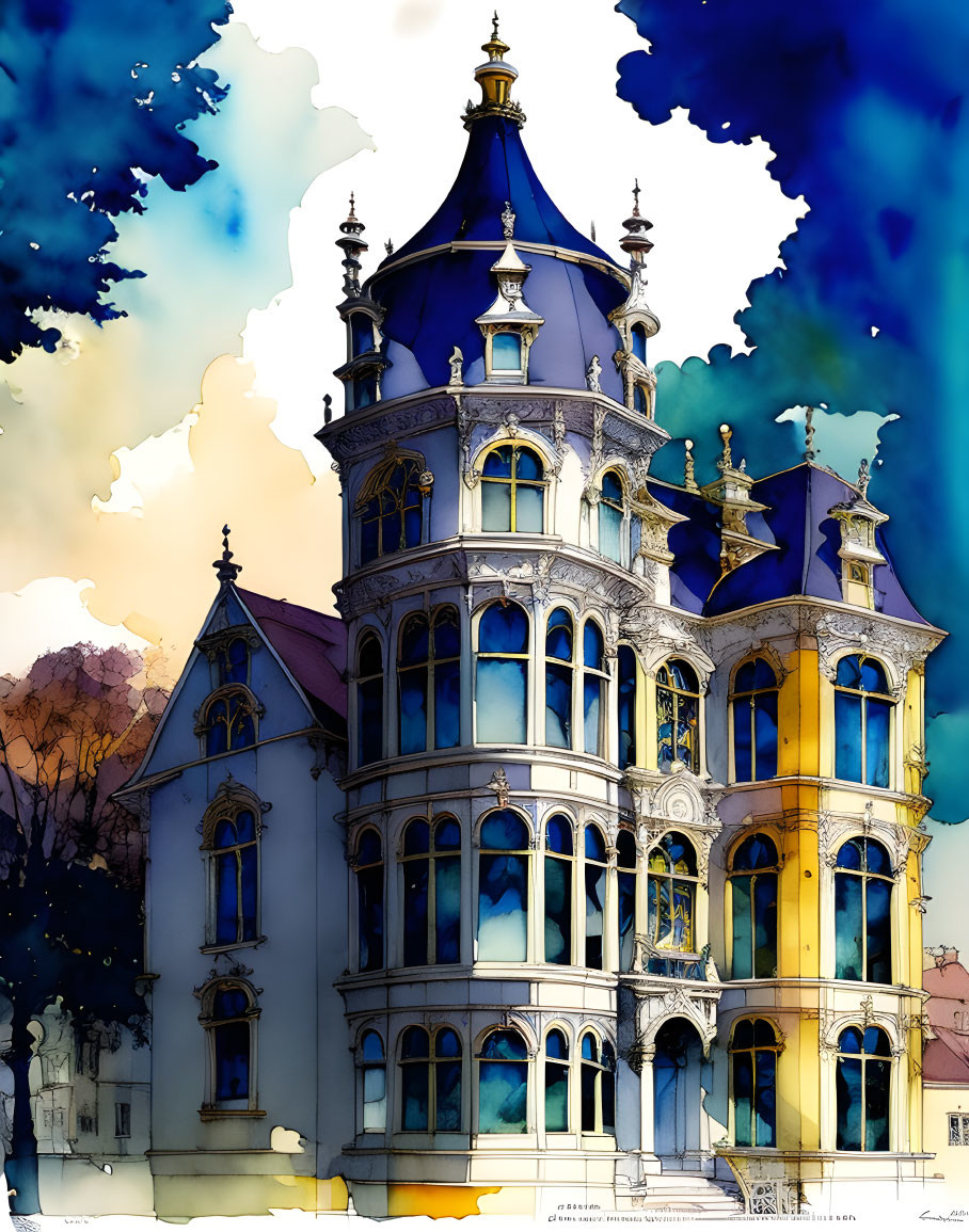 Colorful watercolor painting of Victorian building against vibrant clouds