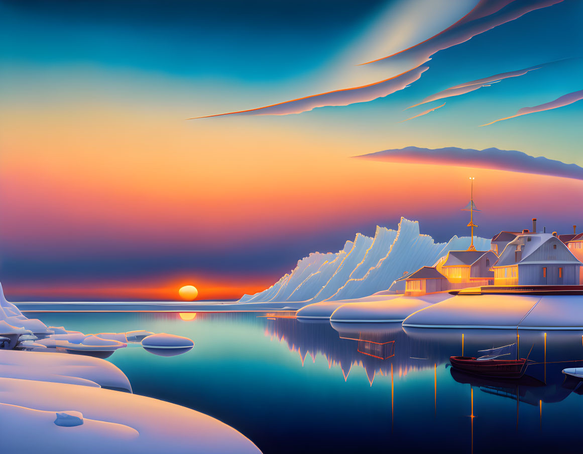 Snow-covered coastal village at sunset with calm waters and colorful skies