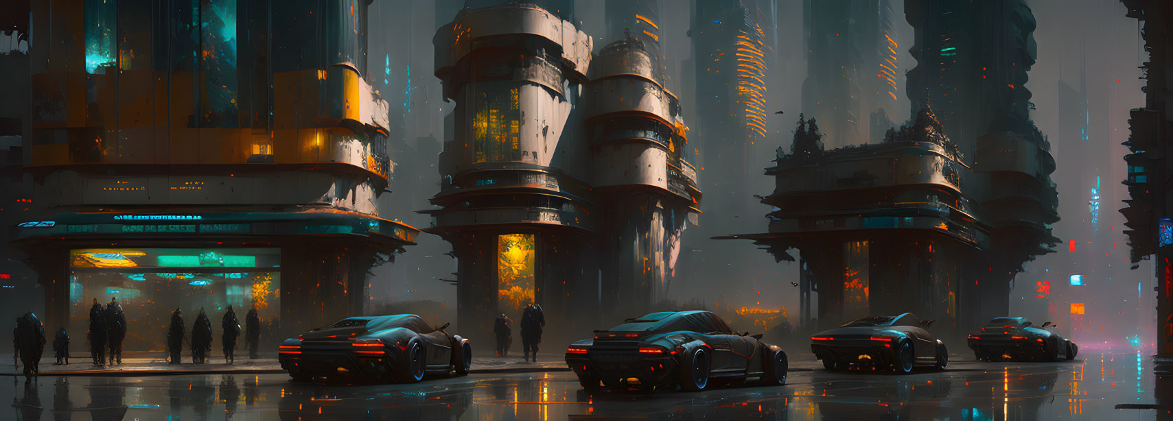 Futuristic cityscape with towering high-rises, illuminated signs, flying cars, and pedestrians at