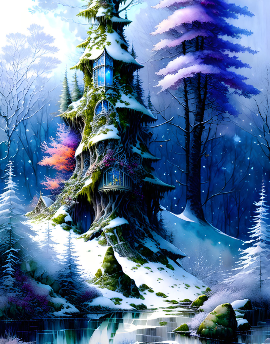 Colorful Snowy Treehouse in Mystical Forest at Twilight