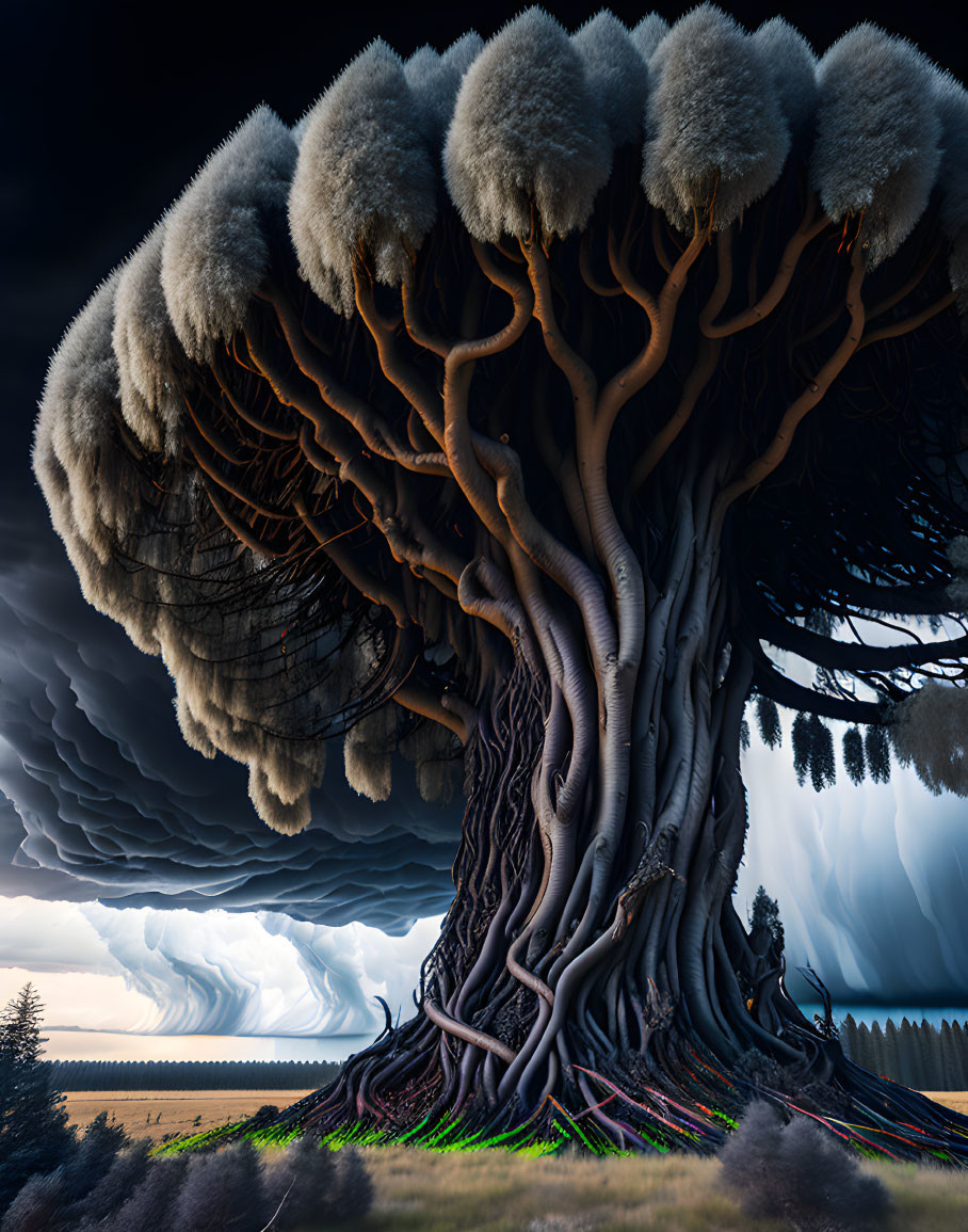 Surreal image of massive tree with exposed roots morphing into storm clouds