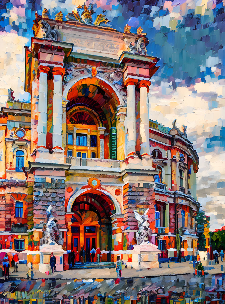 Ornate Building Painting with Grand Archway and Vibrant Colors