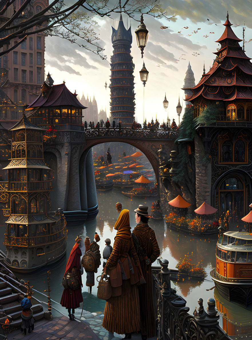 Victorian-era figures admire fantastical cityscape at sunset