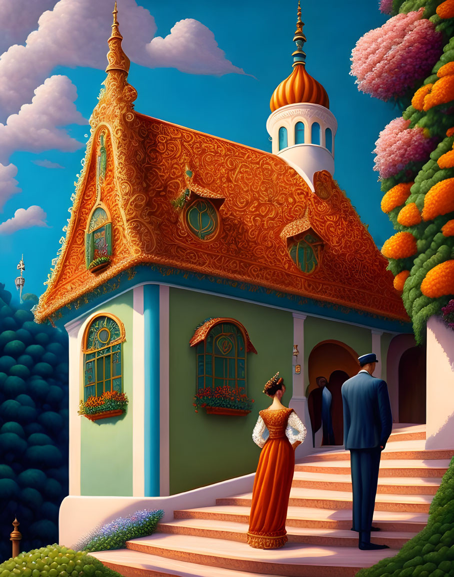 Colorful Illustration of Lady and Man by Ornate Cottage