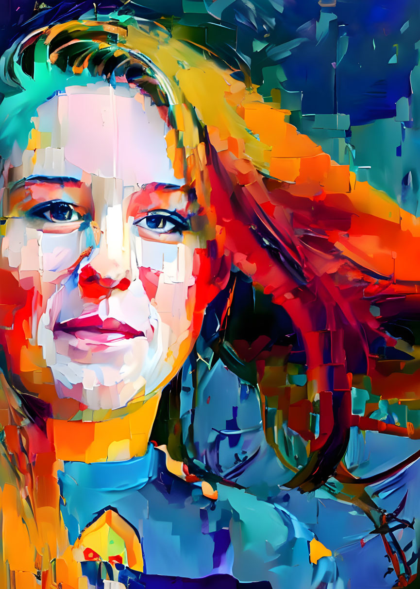 Vibrant abstract portrait of smiling woman in blue and orange hues